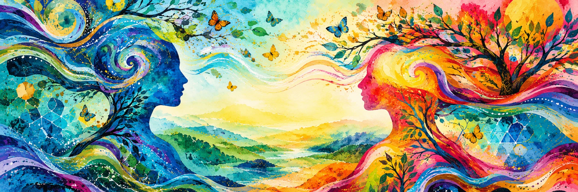 Watercolor illustration of two facing profiles — one formed of water, night sky and blue branches, the other of fire, sunlight and blossoms — above a luminous valley with a winding river and butterflies.